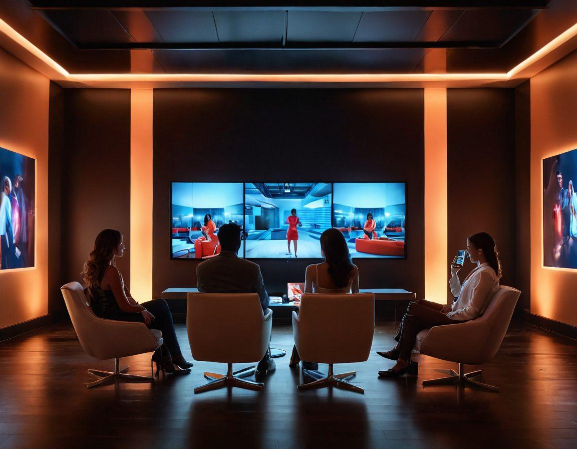 A captivating scene depicting a diverse group of couples engaging with intimate technology, surrounded by soft glowing screens displaying sensual videos. The atmosphere is warm and inviting, infused with colors that evoke passion and intimacy. Subtle details showcase facial recordings being made in a chic modern space. Evoke feelings of connection and exploration in a stylish contemporary setting. vibrant colors. super-realistic.