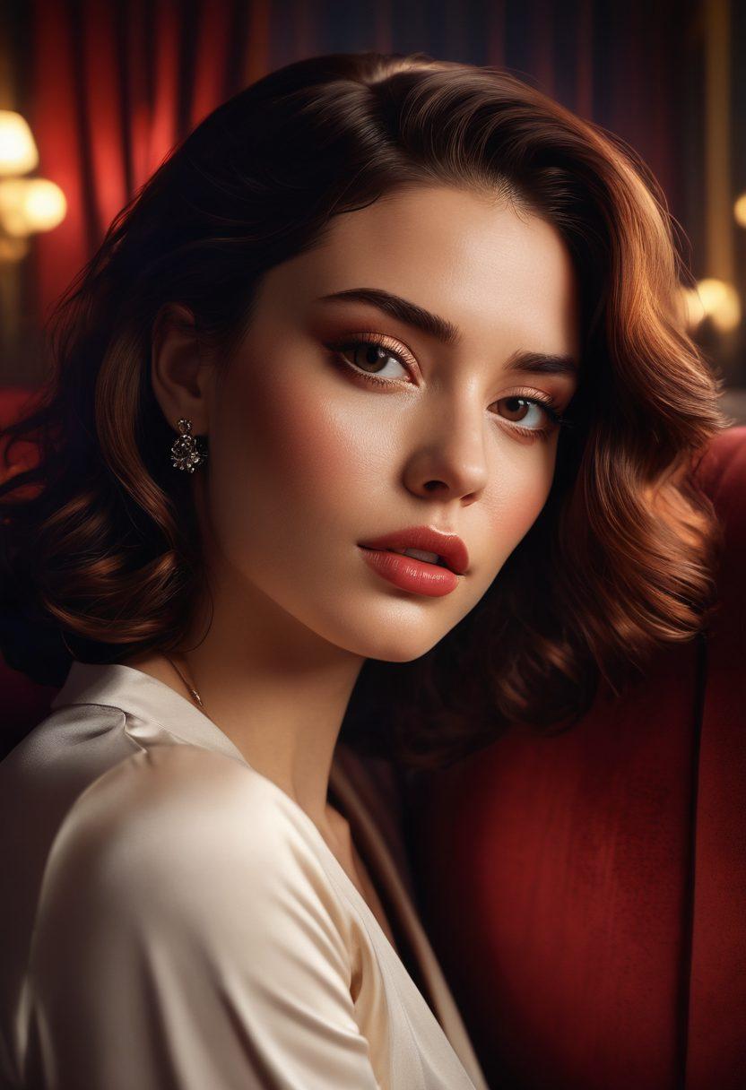 A seductive film scene capturing a close-up of expressive faces, showcasing a range of emotions from passion to intrigue. The background features a lavish cinema setting with dim lighting and plush velvet seats, emphasizing a sense of intimacy. Incorporate subtle elements like film reels and soft, glowing screens to represent the adult streaming world. Use warm, rich colors to enhance the sensual atmosphere. super-realistic. vibrant colors. cinematic lighting.